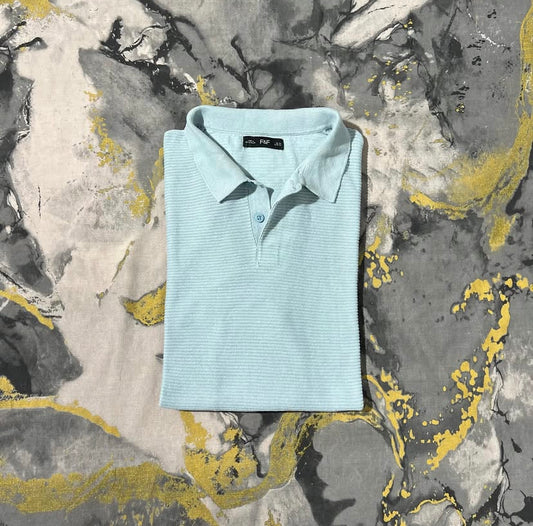 Aqua Blue Stripped Textured Knitted Polo