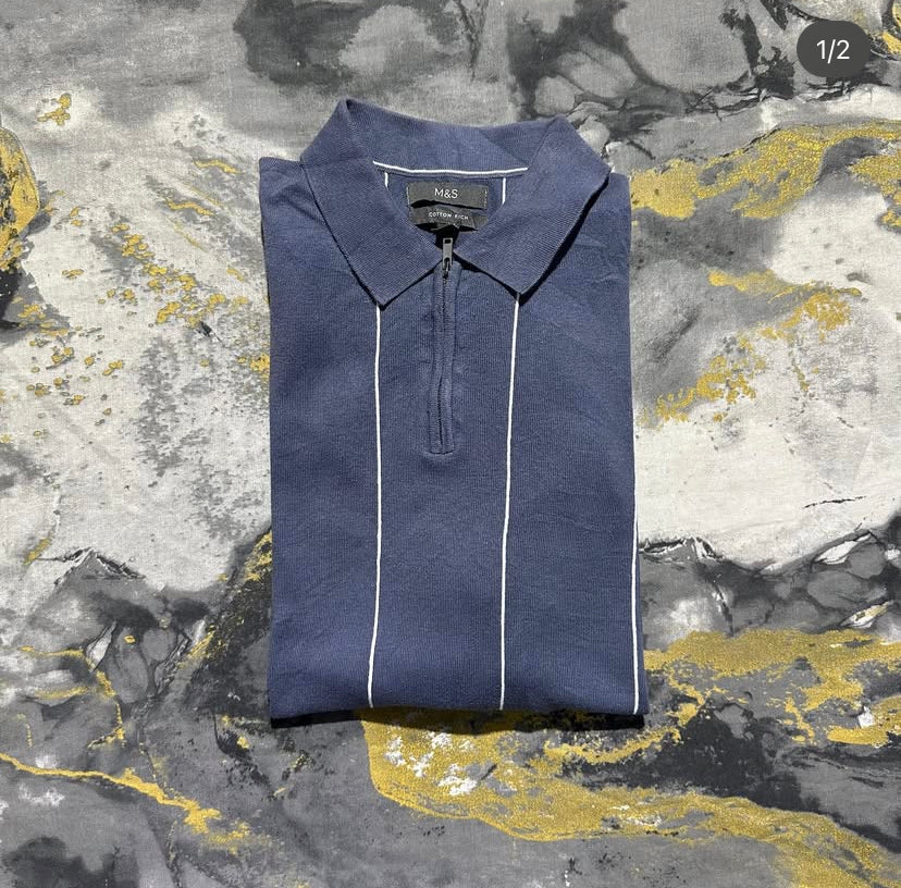 Graysih Blue with White Stripes Zipper polo
