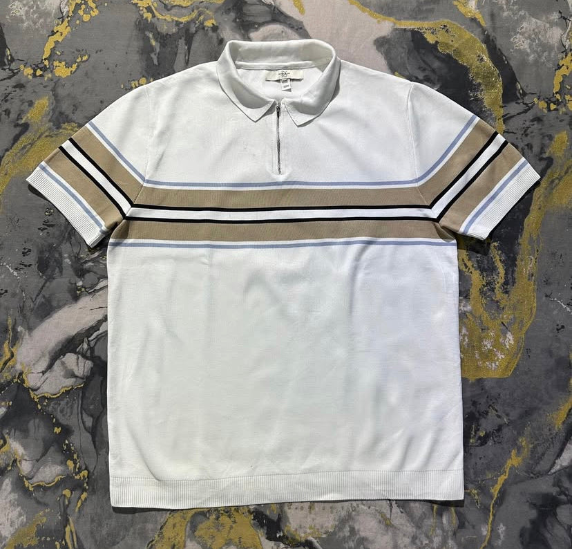 White with Beige Stripes Knitted Zipper Polo