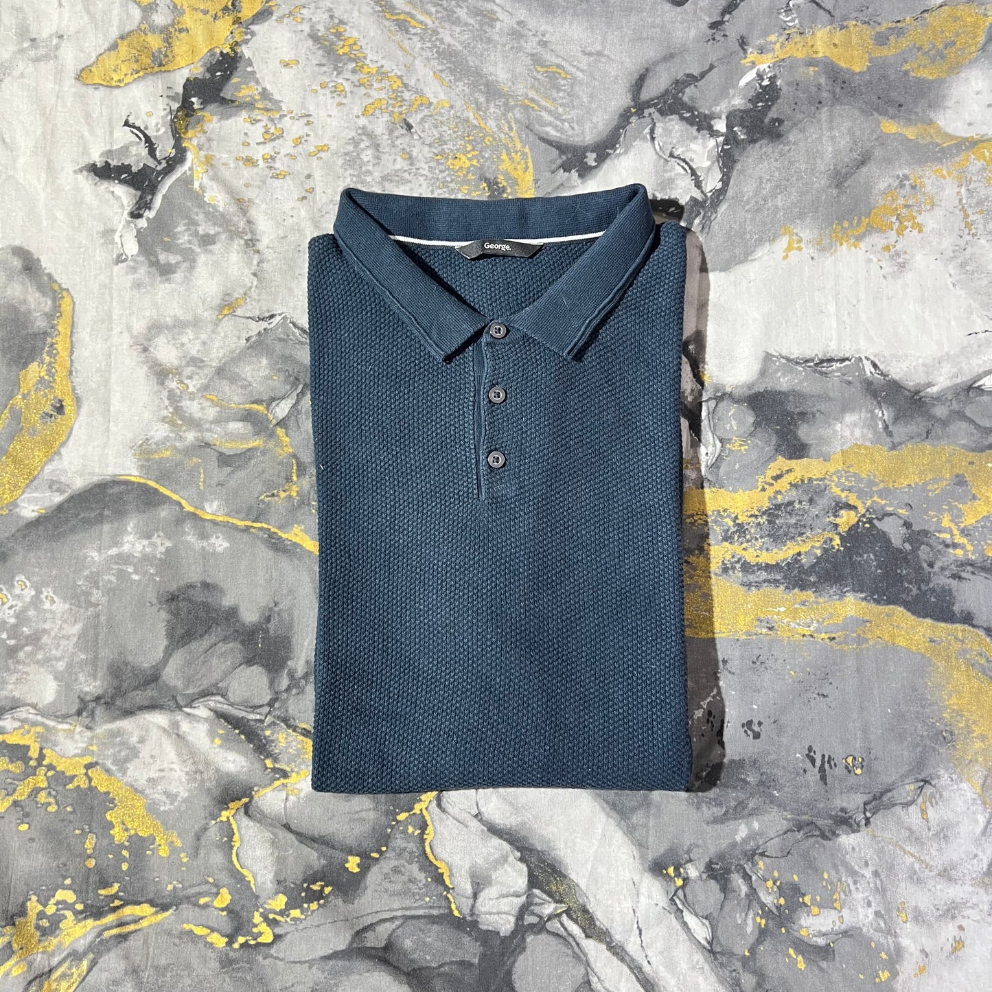 Blue Waffle Knit Textured Knit Polo