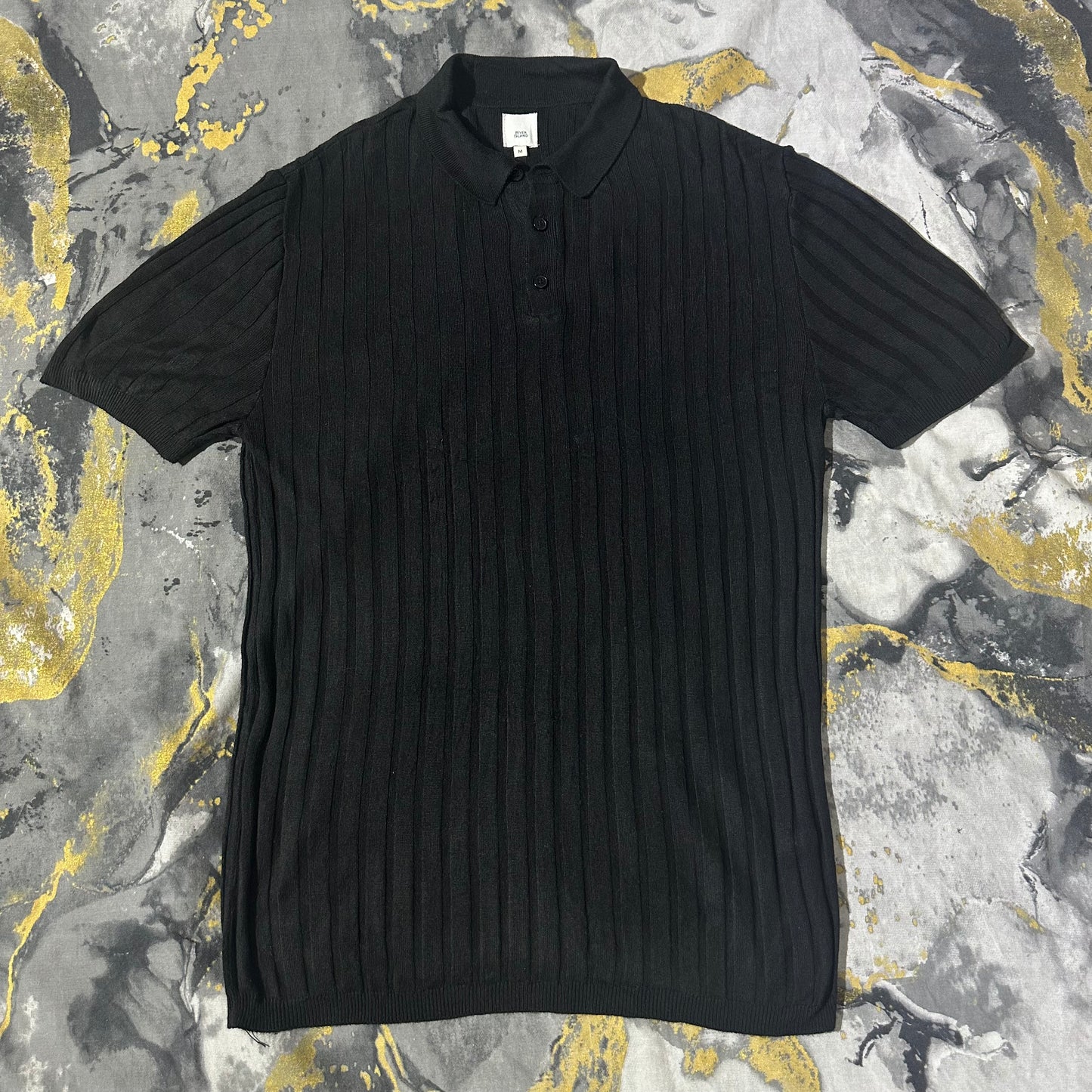 Jet Black Ribbed Knitted Slimfit Polo