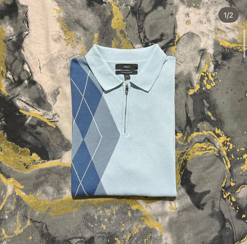 Sky-Blue Patterned Half Zipper Polo Kia