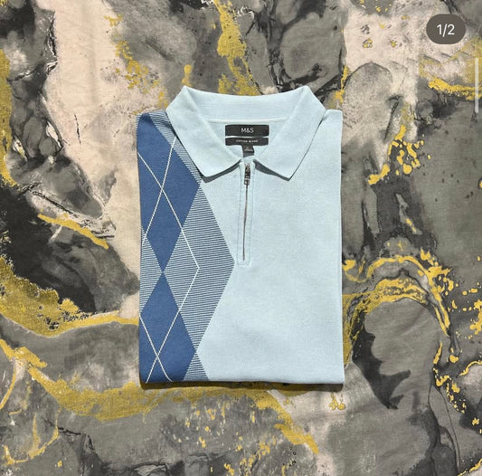 Sky-Blue Patterned Half Zipper Polo Kia