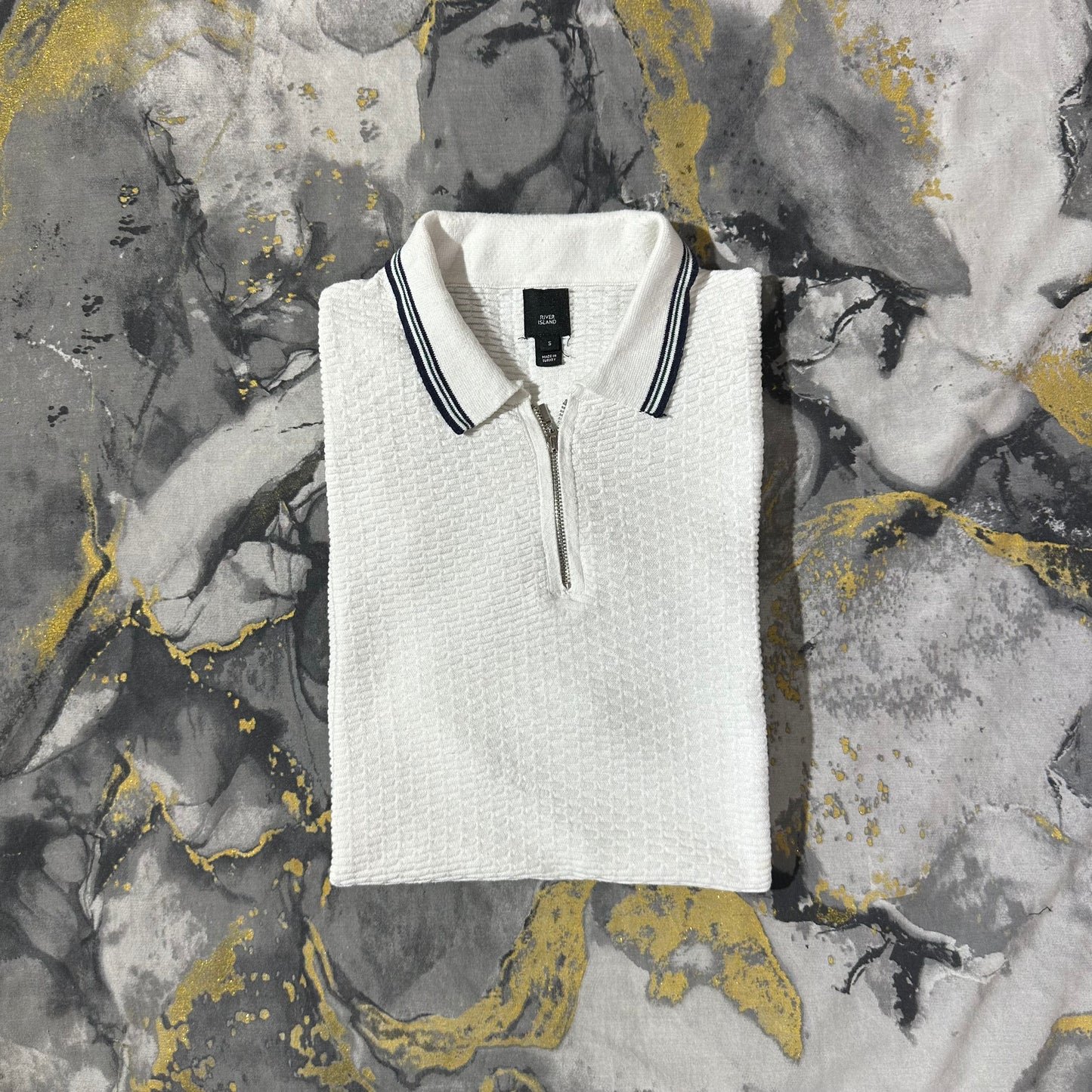 White Patterned Knitted Zipper Polo