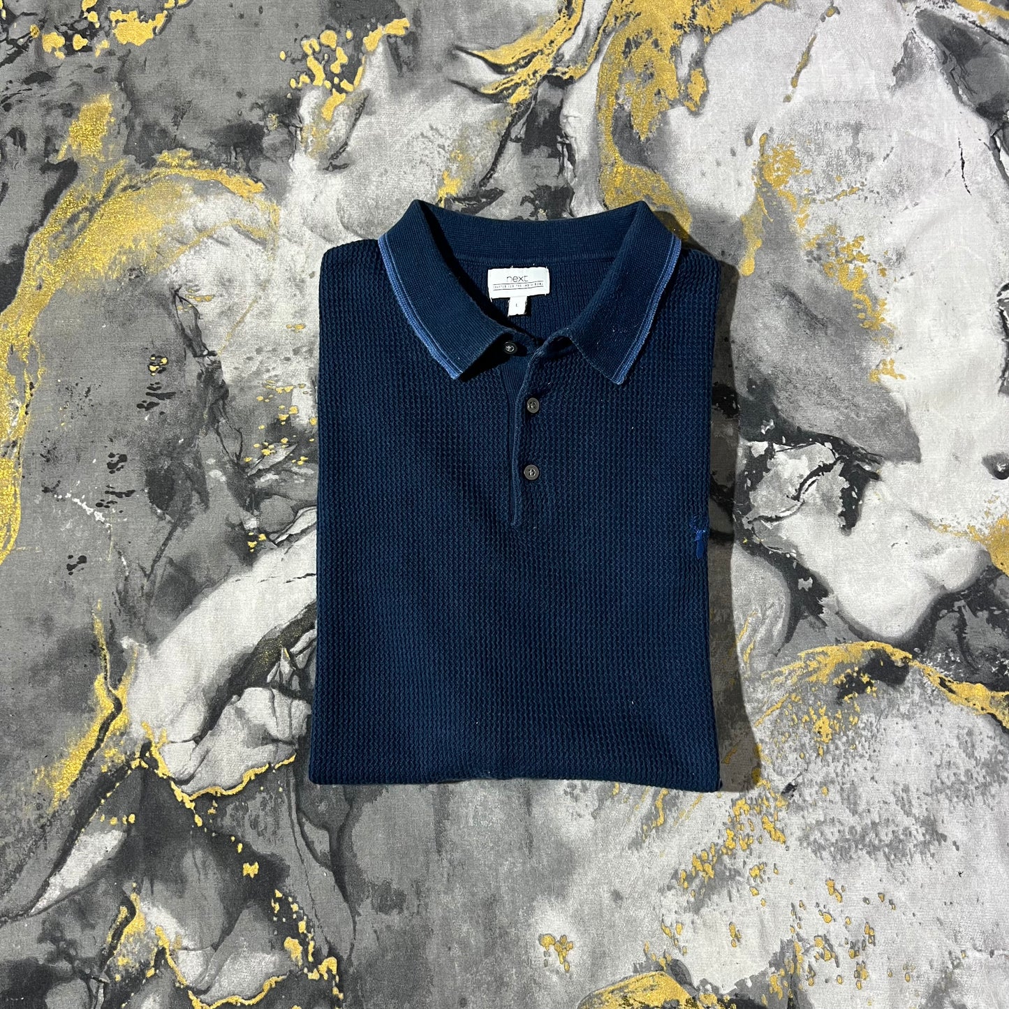 Dark Blue Patterned Line Knit Polo