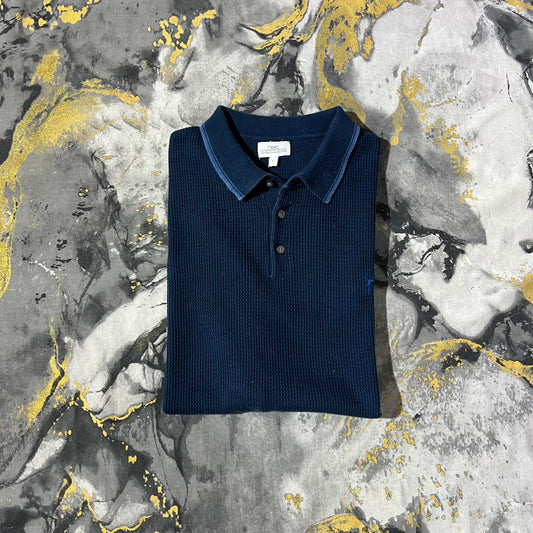 Dark Blue Patterned Line Knit Polo