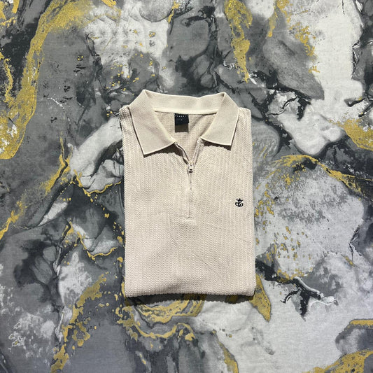 Beige Textured Half Zipper Polo