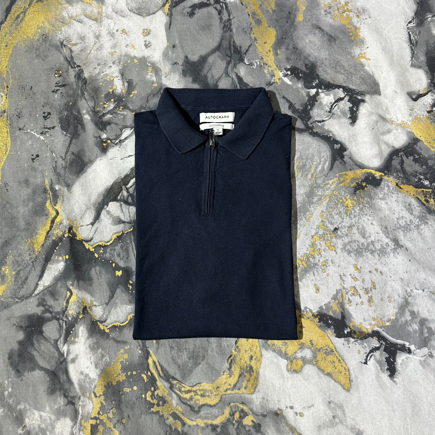 Dark Blue Silk Cotton Knitted Zipper Polo