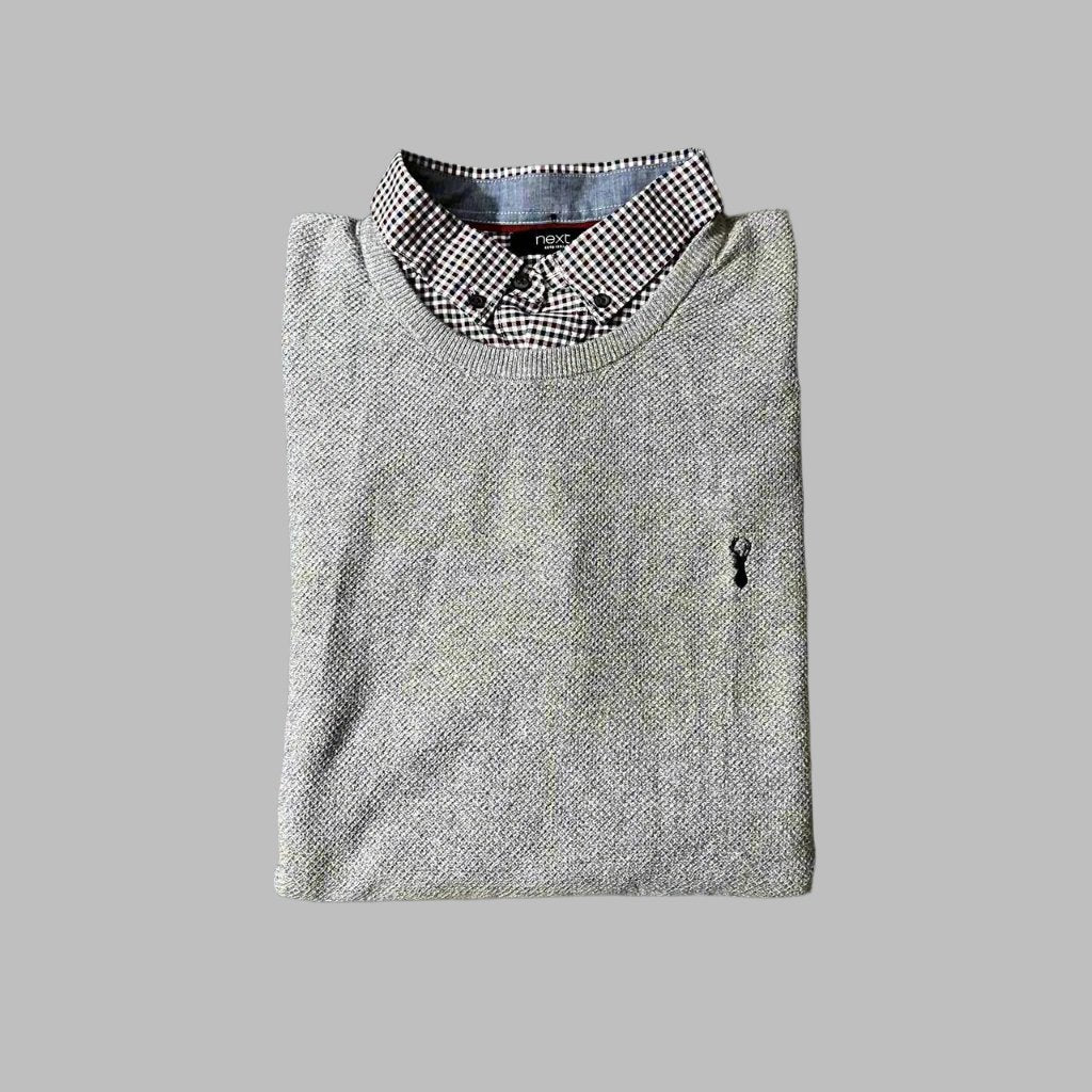 Gray Full Sleeves Knit Sweater with Collar