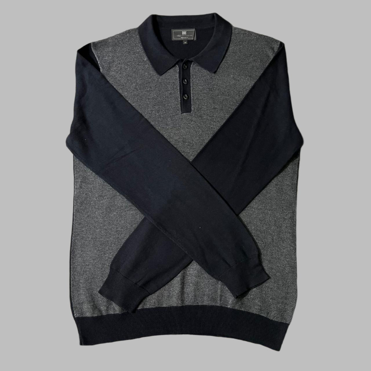 Medium Black and Gray Fine Cotton Full Sleeves Polo