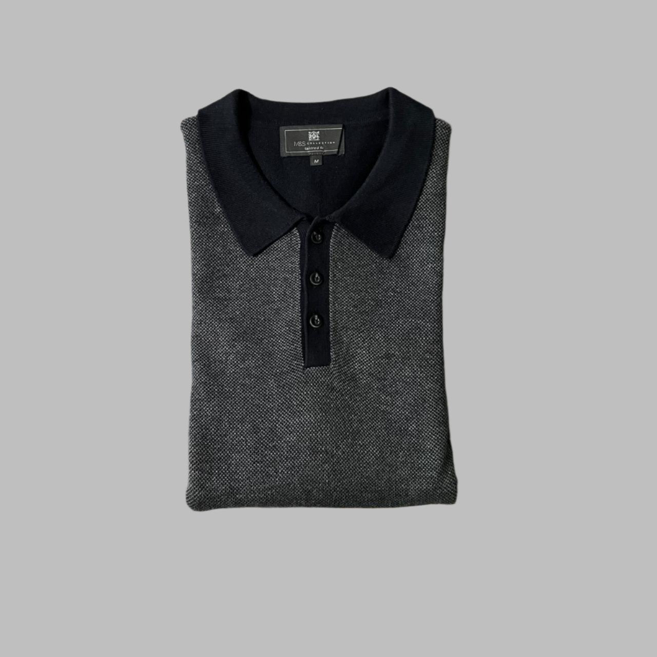Medium Black and Gray Fine Cotton Full Sleeves Polo
