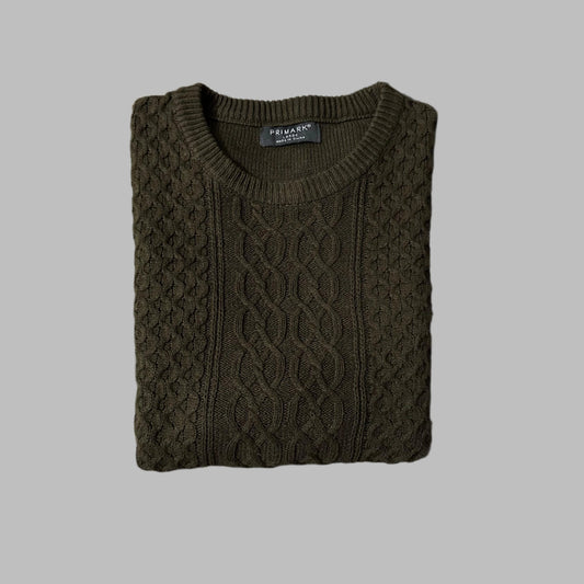 Olive Green Patterned Knit Full Sleeves Sweater