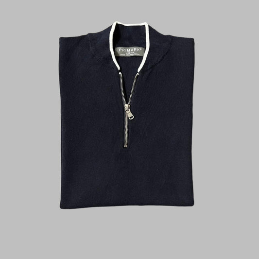 Navy Blue Knit Half Sleeves Zipper