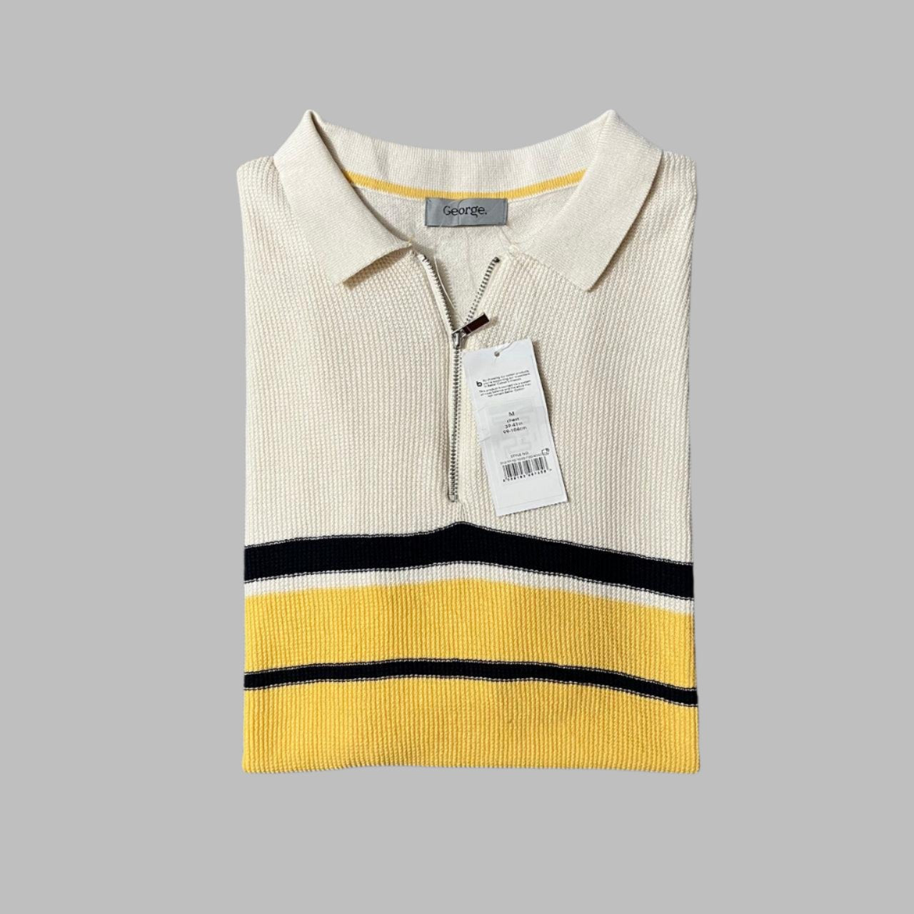 Cream White/Yellow Stripes Soft Touch Cotton Half Sleeves Zipper