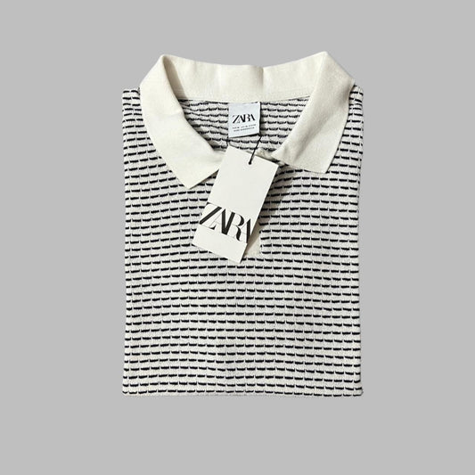 Black White Textured Pattern Knit Half Sleeves Polo