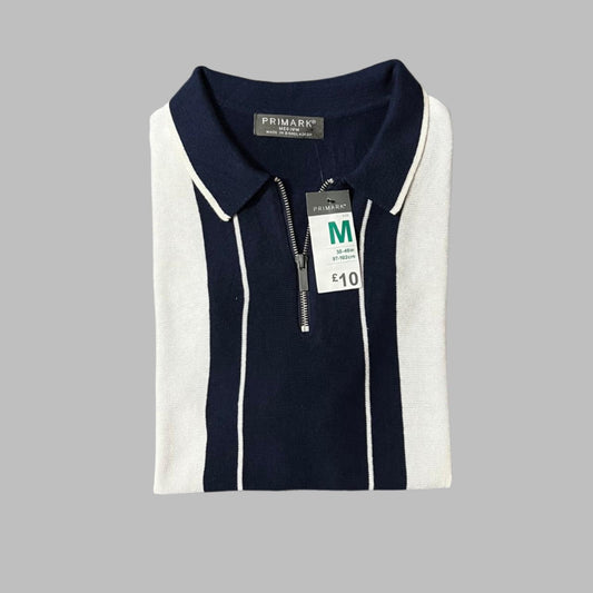 White Blue Striped Knit Half Sleeves Zipper