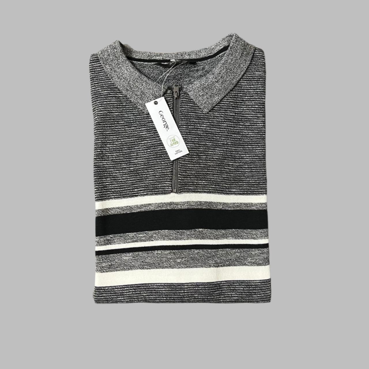 Grey Stripes Knit Half Sleeves Zipper