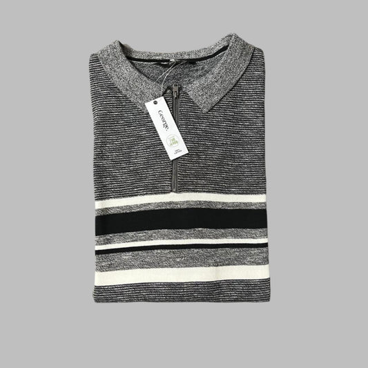 Grey Stripes Knit Half Sleeves Zipper