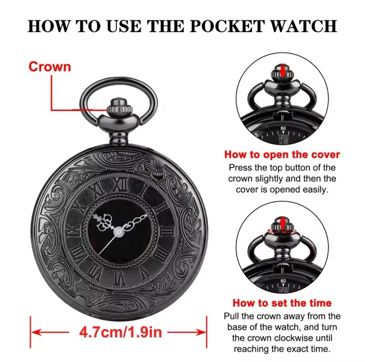 Black Pocket Watch with Chain