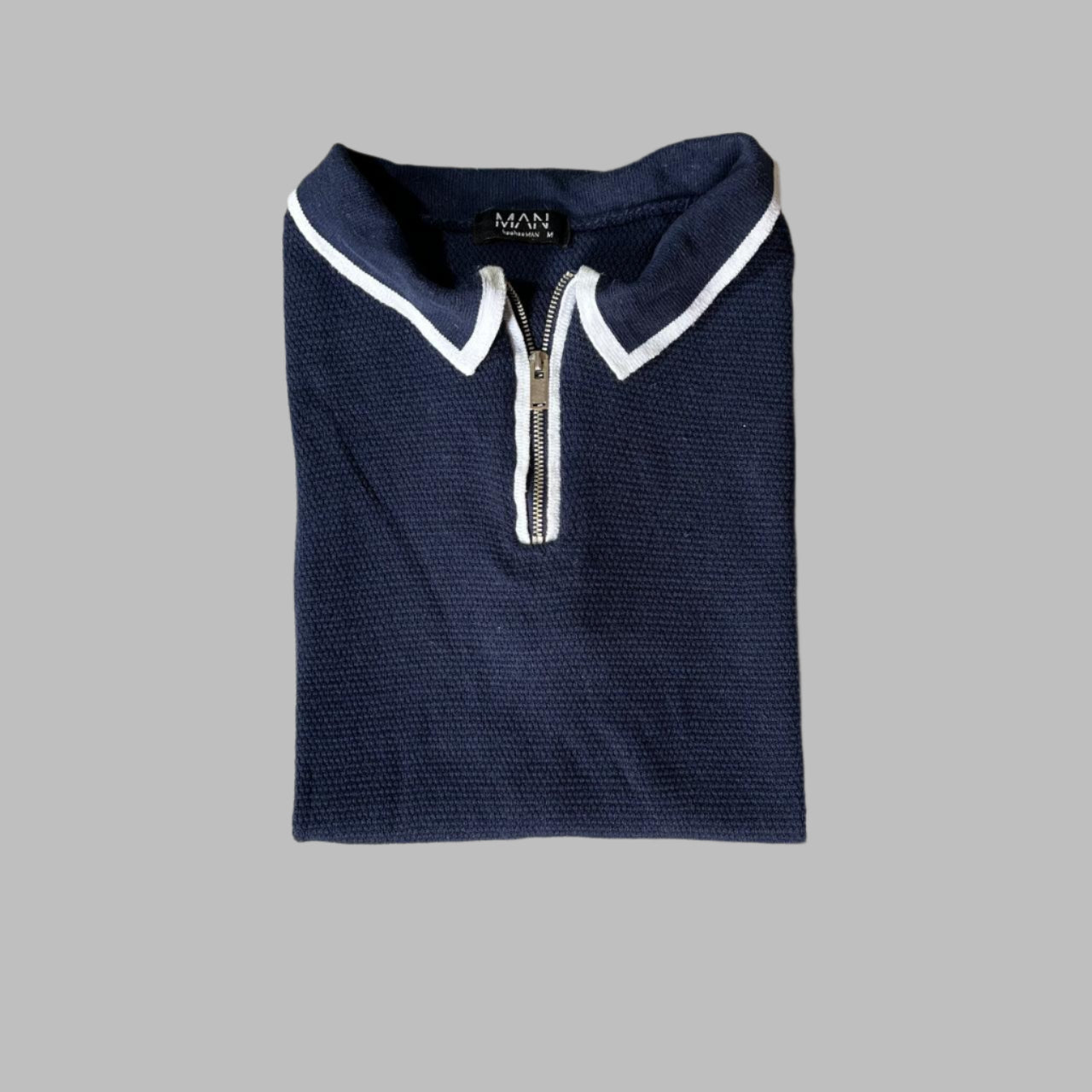 Navy Blue Textured Knit Half Zipper Polo