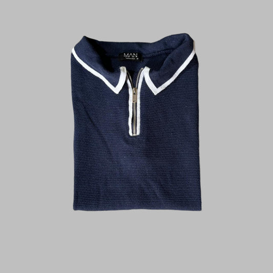 Navy Blue Textured Knit Half Zipper Polo