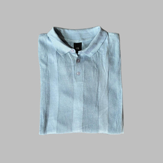 Light Blue Knitted Strips Silk Cotton Polo