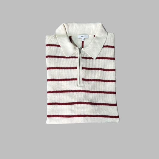 White-red Stripped Half Zipper Knit Polo