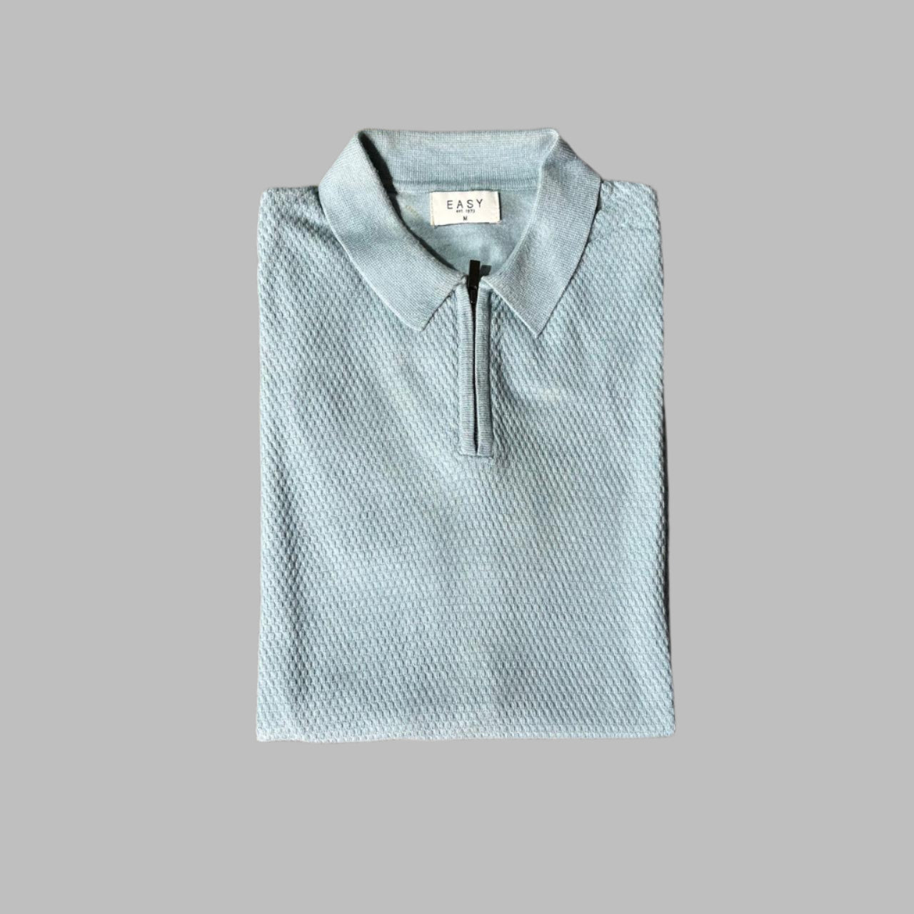 Light Sky Blue Textured Knit Half Zipper Polo