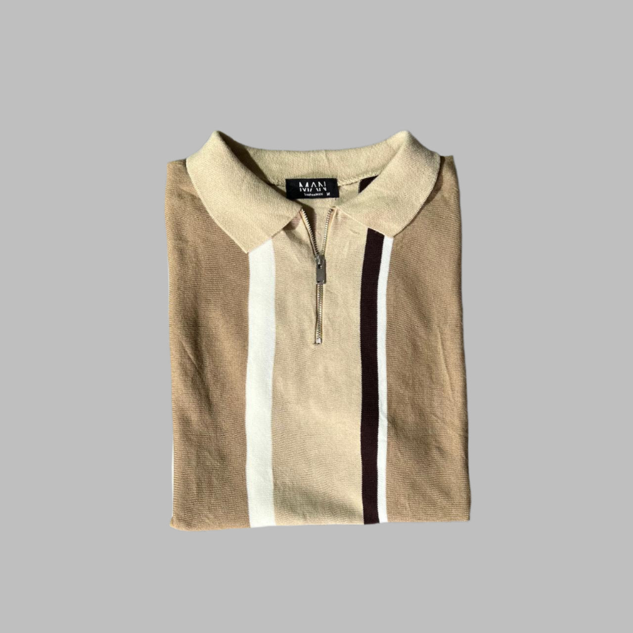 Beige Multi Color Knitted Zipper Polo