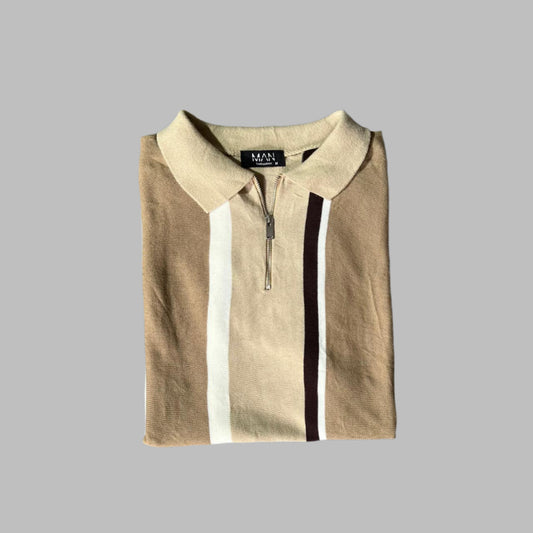Beige Multi Color Knitted Zipper Polo