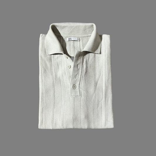 Ivory White Patterned Half Sleeves Knit Polo
