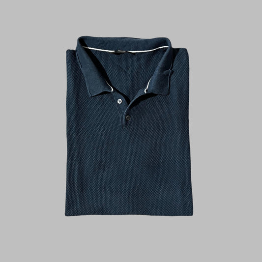 Blue Textured Knit Half Sleeves Polo