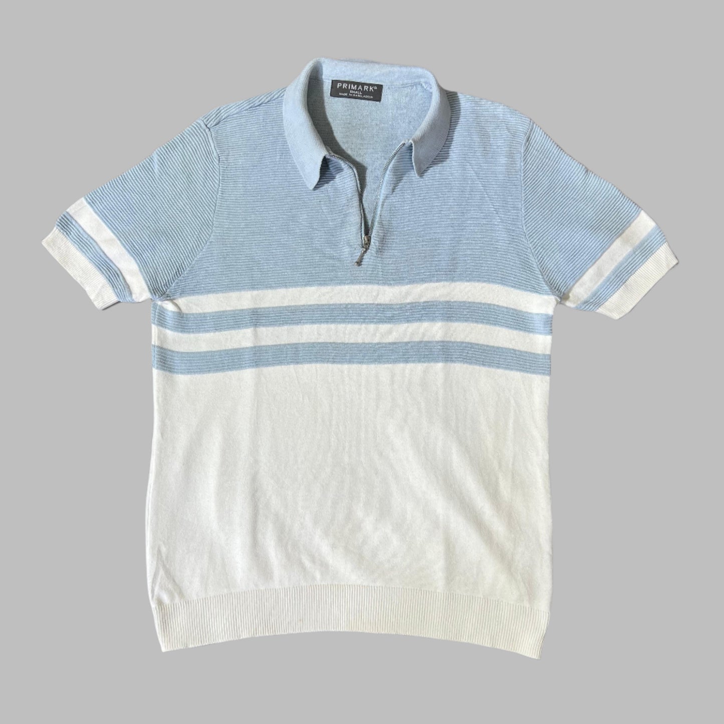 Skyblue/White Stripes Zipper Half Sleeves Polo