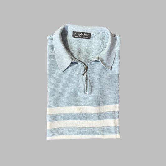 Skyblue/White Stripes Zipper Half Sleeves Polo