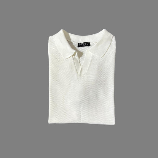 White Textured Knit Half Sleeves Polo