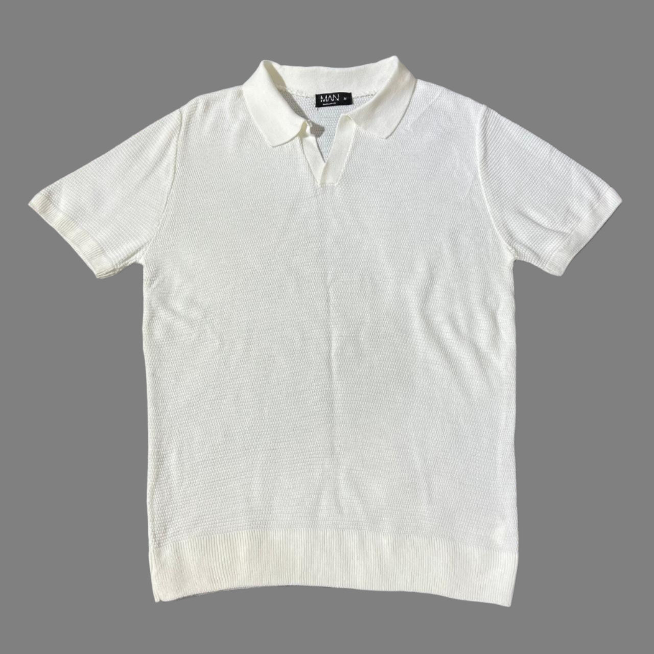 White Textured Knit Half Sleeves Polo
