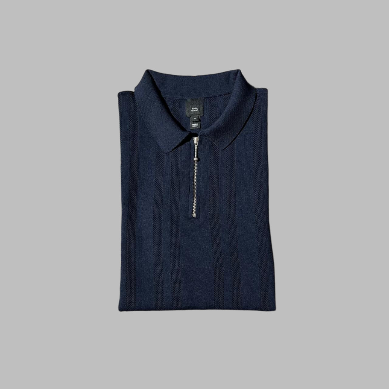 Dark Blue knitted Half Sleeves Zipper Polo
