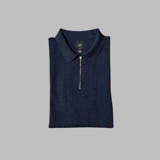 Dark Blue knitted Half Sleeves Zipper Polo