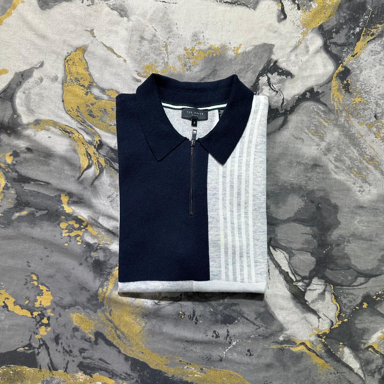 Ted Baker Blue and White Zipper Knit Polo