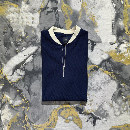 Grainy Textured Dark Blue Knitted Zipper Polo