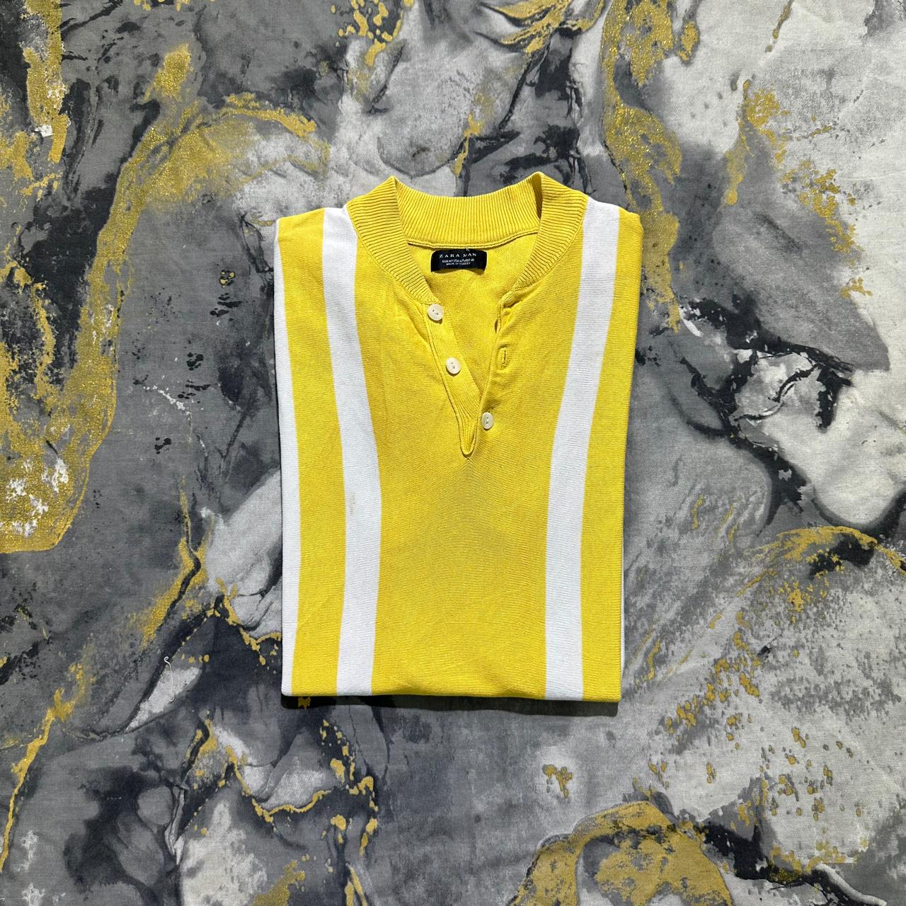 Yellow and White Stripes Henley Knitted Polo