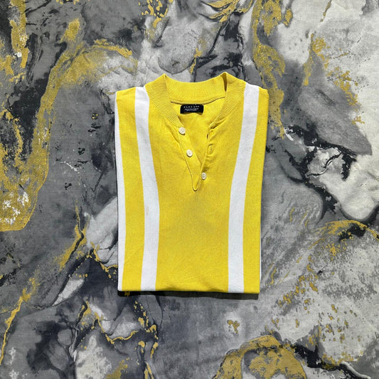 Yellow and White Stripes Henley Knitted Polo