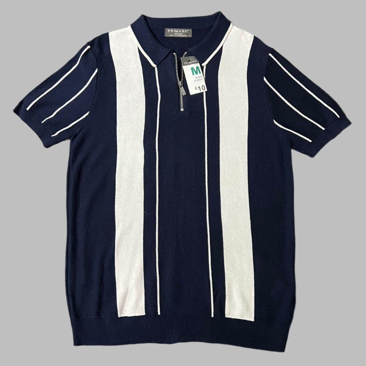 White Blue Striped Knit Half Sleeves Zipper
