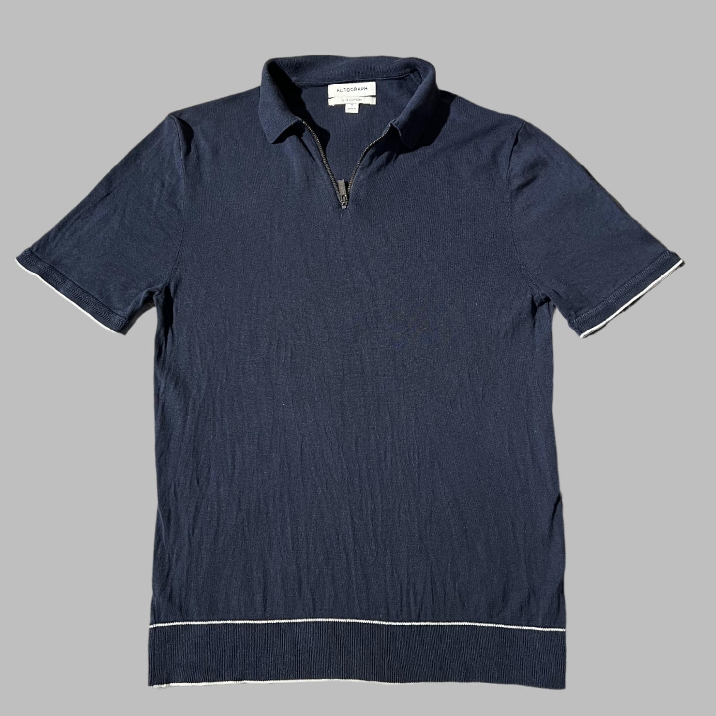 Navy Blue Silk Cotton Half Zipper Knit Polo