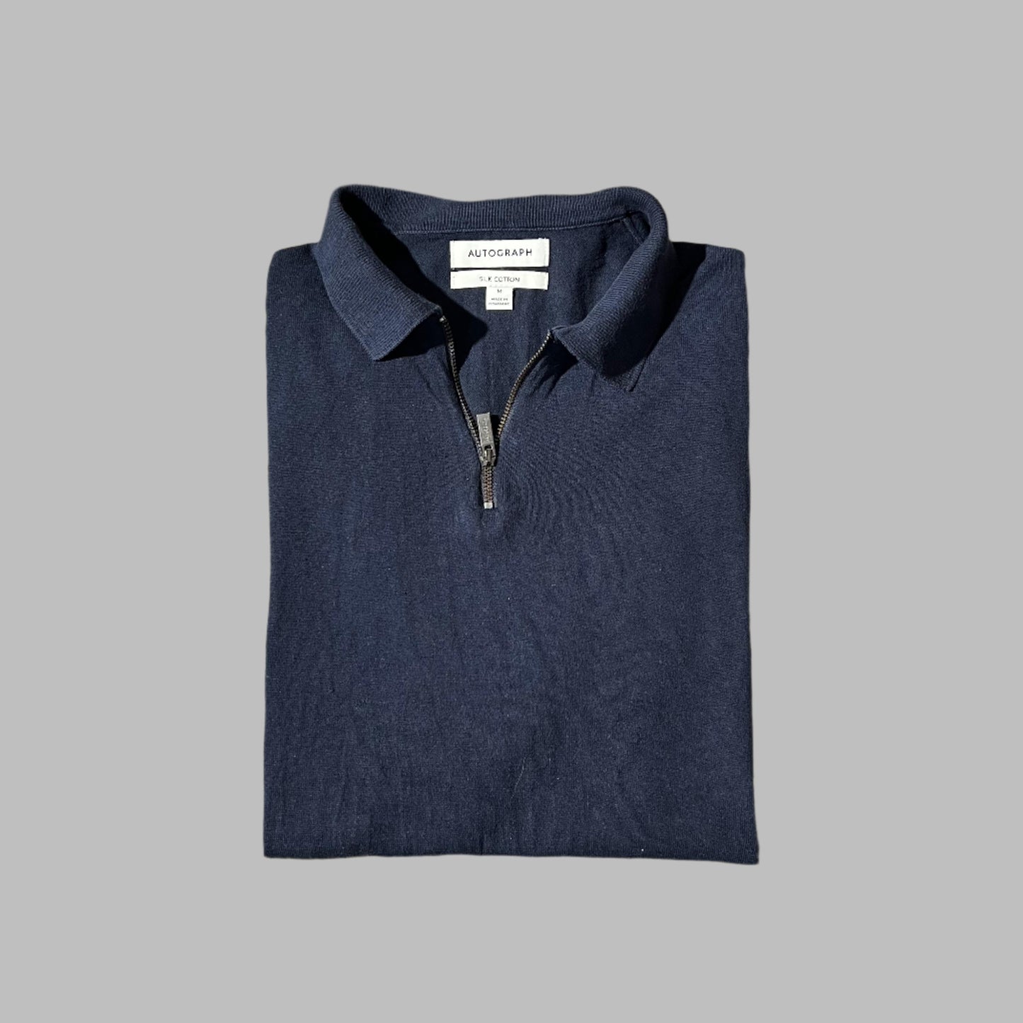 Navy Blue Silk Cotton Half Zipper Knit Polo