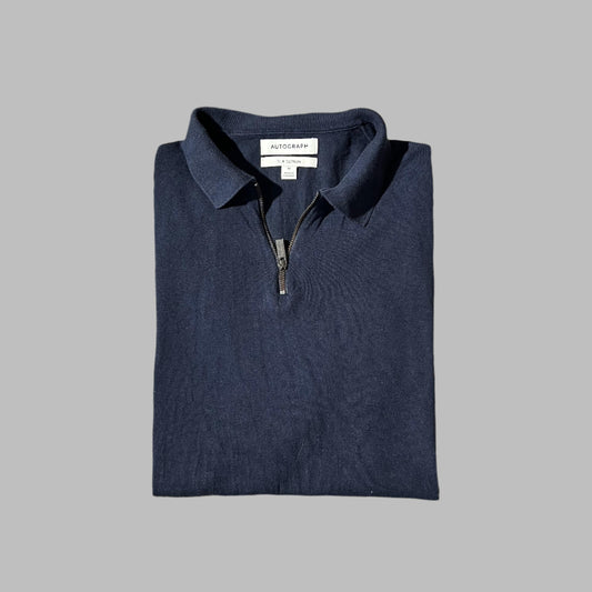 Navy Blue Silk Cotton Half Zipper Knit Polo