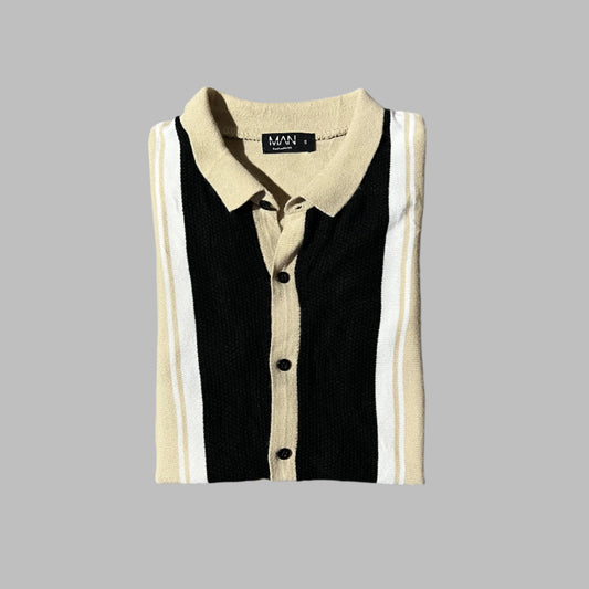 Light Beige Strips Buttoned Down Knit Shirt