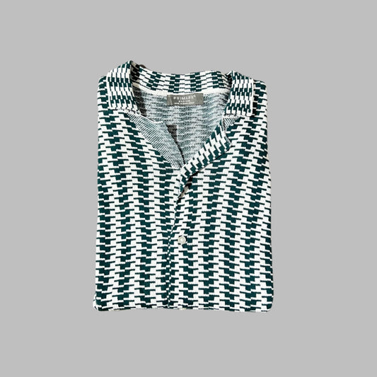 Green and White Textured Winter Material Half Sleeves Polo