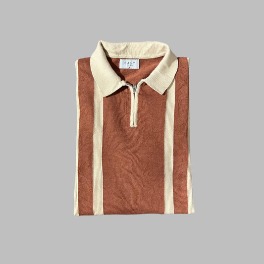 Two Toned Brown Half Sleeves Zipper Knitted Polo