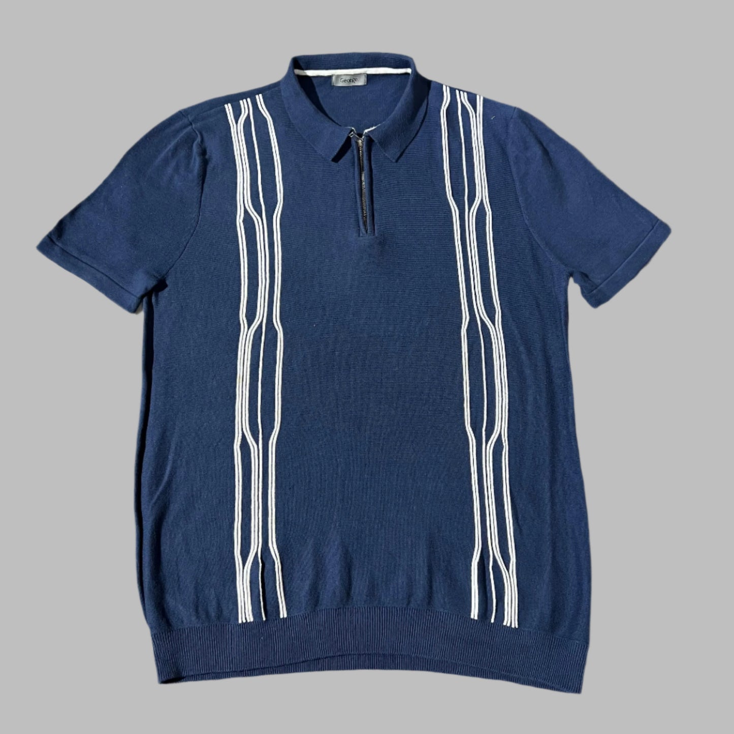 Blue and White Line Half Sleeves Knitted Zipper Polo